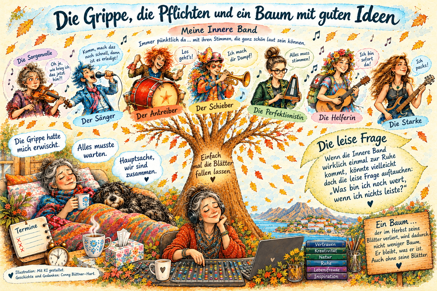 die-grippe-die-pflichten-und-ein-baum-mit-guten-ideen Illustration zu inneren Antreibern, einer Frau mit Grippe, einem herbstlichen Baum und einer musizierenden Band.