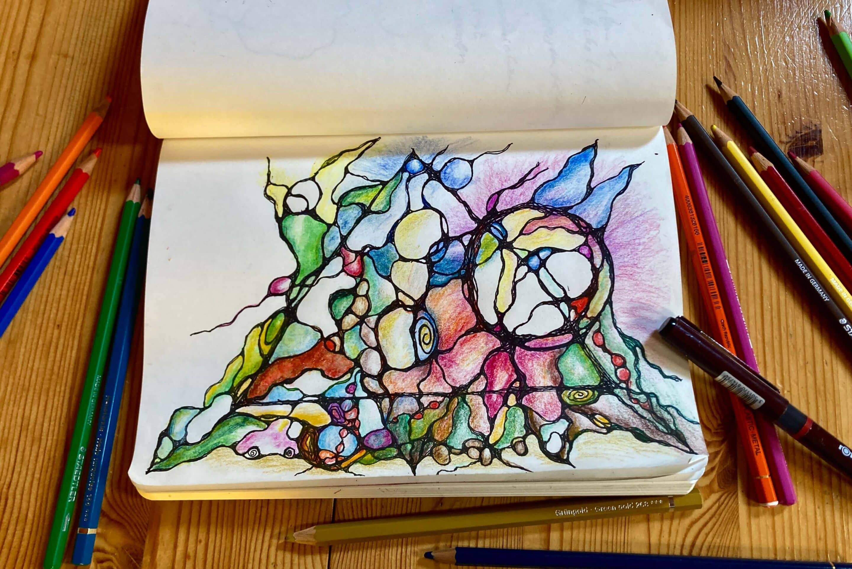 Farbenreiche Neurozeichnung mit organischen Linien, Knotenpunkte und neuronalen Verbindungen als Symbol für innere Transformation und neuroplastische Veränderung.